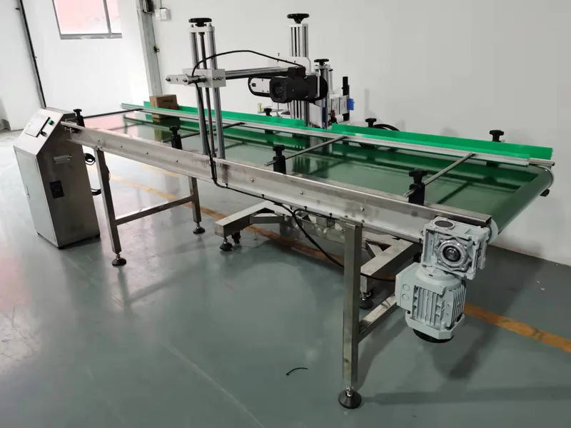 Company-owned photo of adjustable conveyor carton side labeling machine company view, catalog view 159.