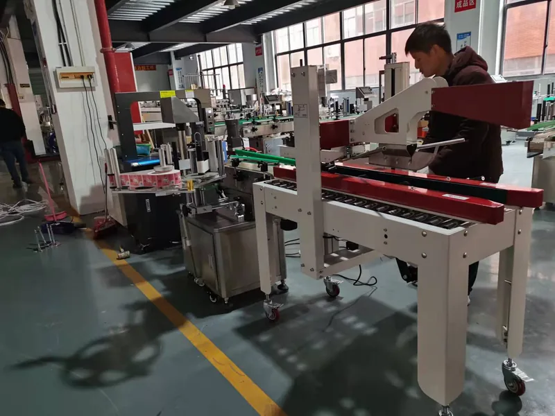 Company-owned photo of carton sealing labeling and packing line company view, catalog view 150.